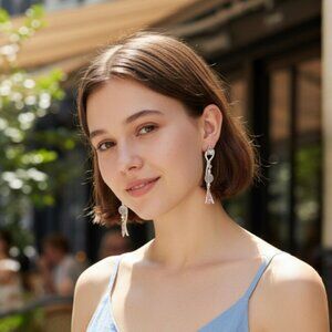 White  Knot Leather Earrings with Frosted Glass Bead